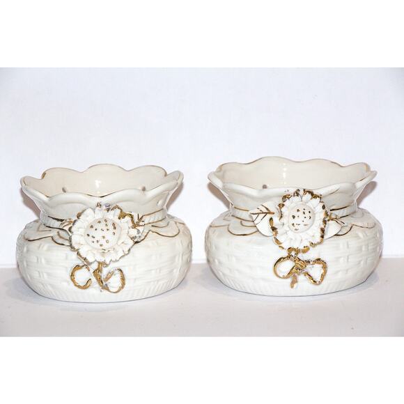 Provence Sunflower Pots Sealed Set of 2 Canisters Porcelain Hanging Flowerpots Baskets 3D Sunflower Gold Accents Cottagecore Set 2